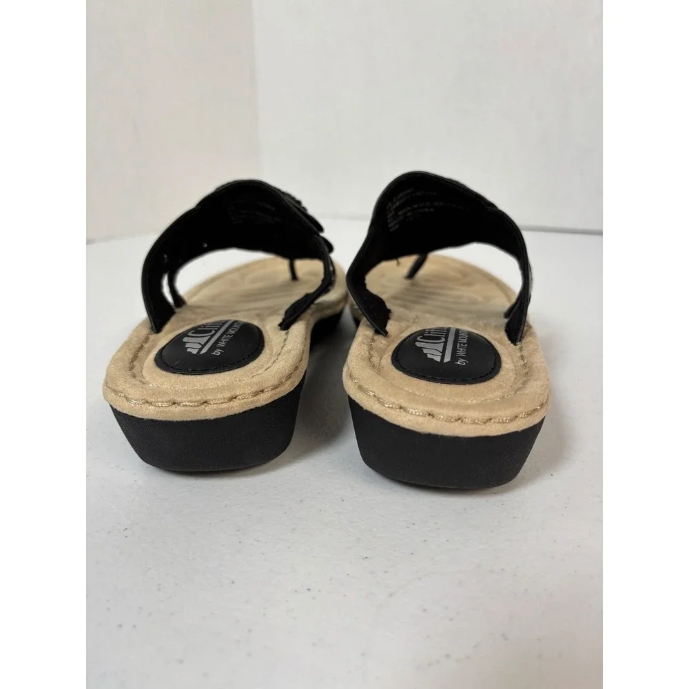 Cliffs by White Mountain Cynthia Black Floral Wedge Thong Sandals Womens 9 M NEW